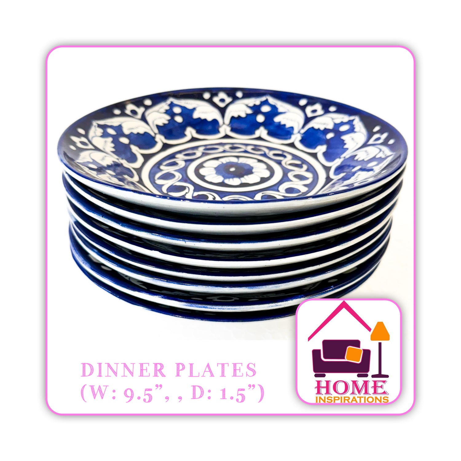 Hand Made , Hand Painted Ceramic Blue Pottery SET OF SIX DINNER PLATES