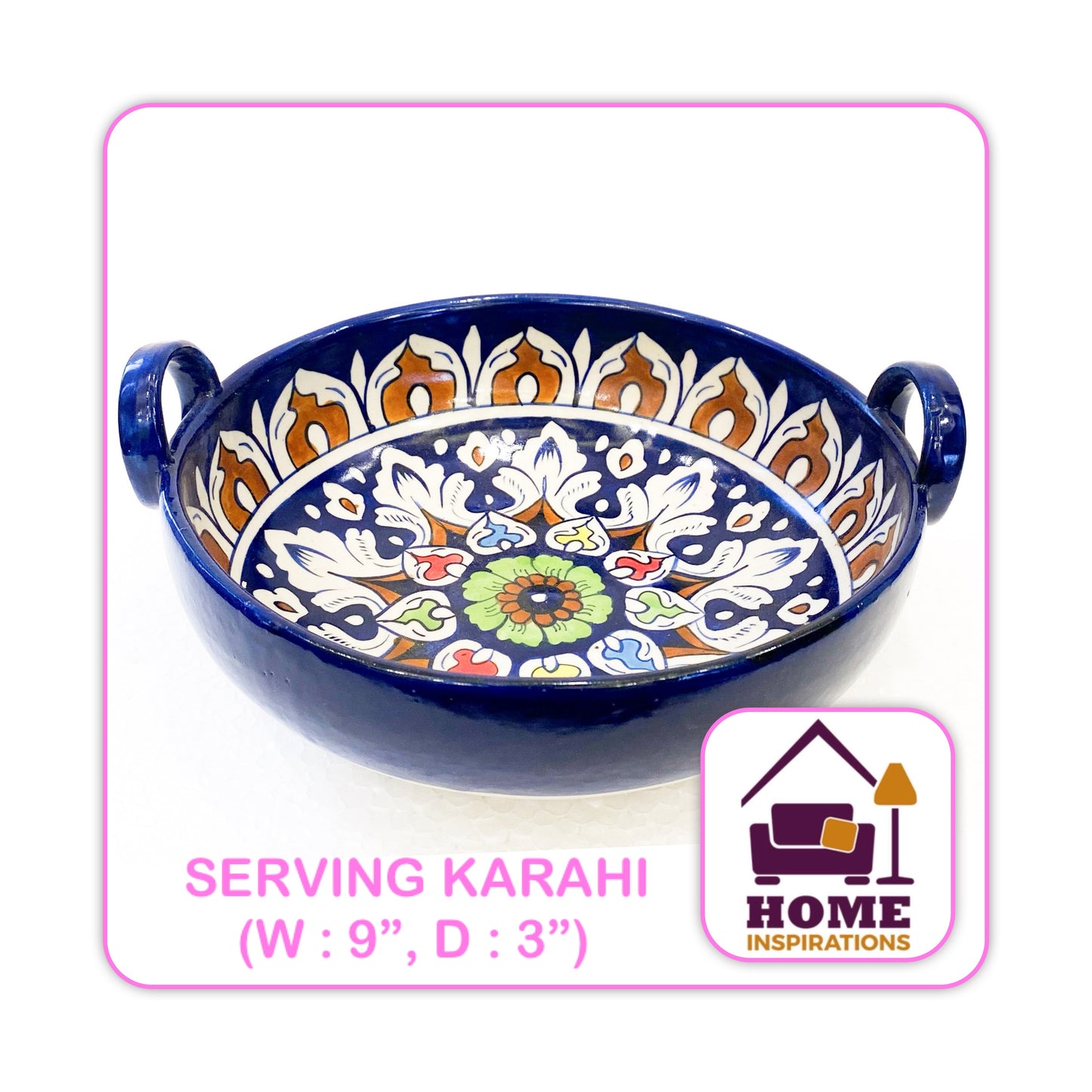 Hand Made & Hand Painted Traditional Multani Ceramic Blue Pottery  LARGE SERVING KARAHI