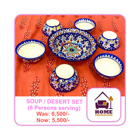 Hand Made & Hand Painted Ceramic Blue Pottery SOUP SET for 6 Persons