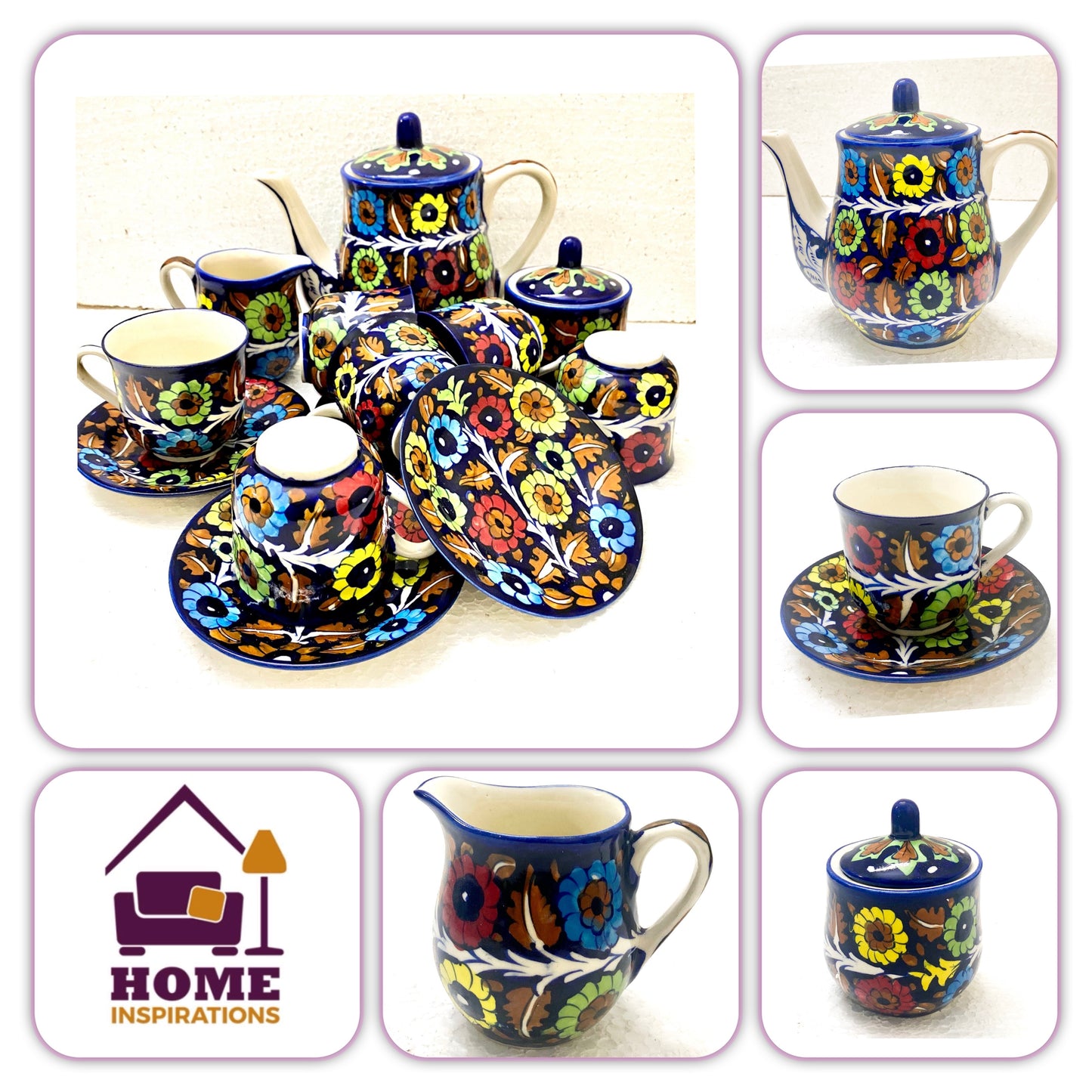 Hand Made & Hand Painted Traditional Multani Ceramic Blue Pottery 
TEA SET FOR 6 PERSONS