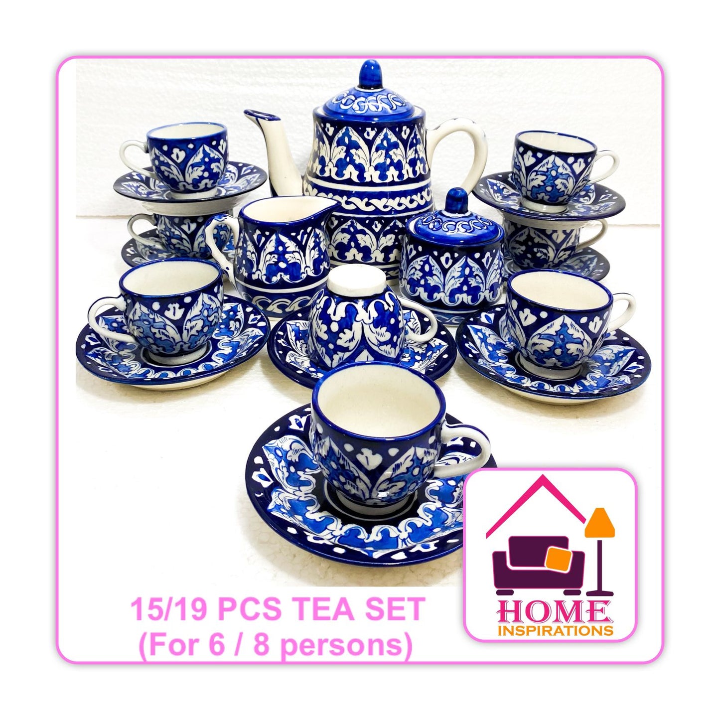 Hand Made & Hand Painted Traditional Multani Ceramic Blue Pottery 
TEA SET FOR 6 PERSONS